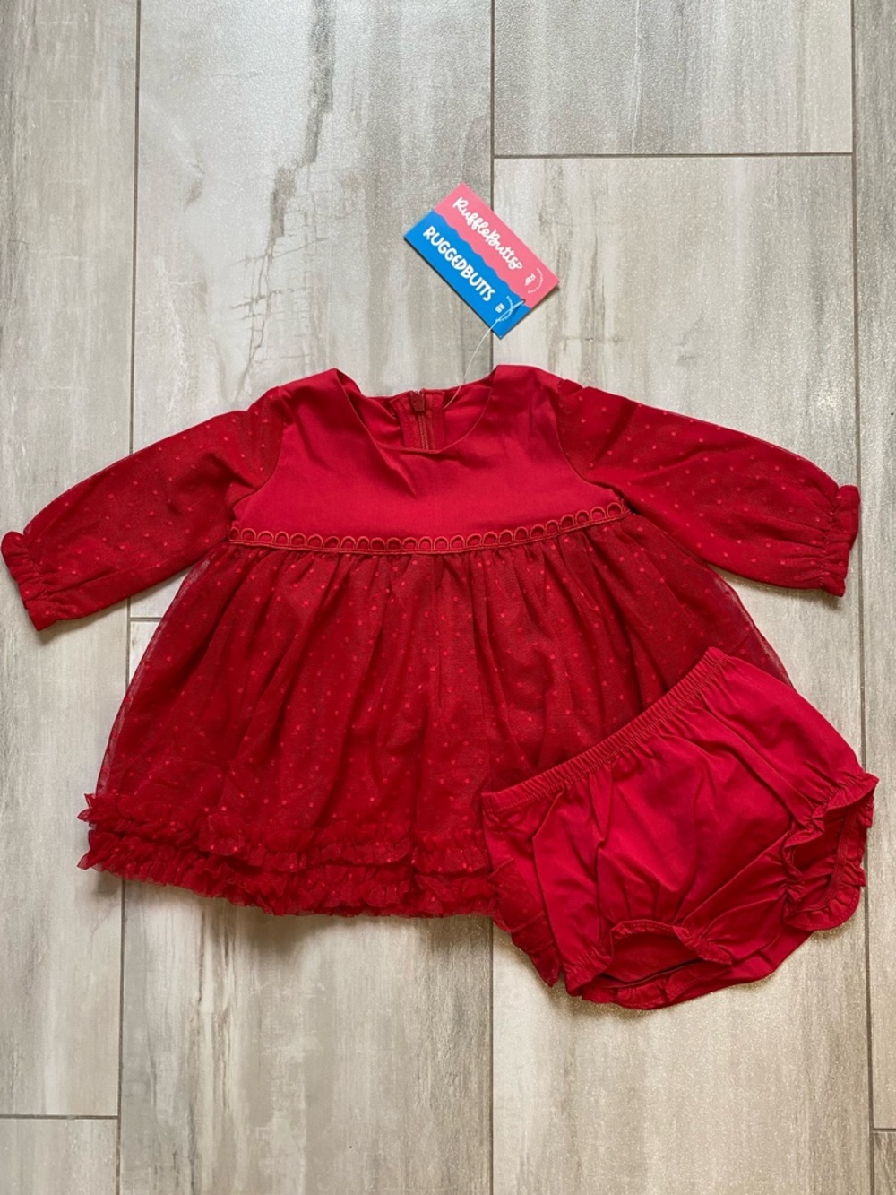 NWT RuffleButts Red Dotted Tulle Long Sleeve Dress & Bloomer Set girls 3-6M